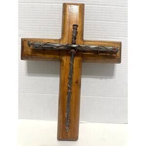 Handmade Rustic Wall Cross Wood/3 Spike Nails Copper Wire Religious Gloss Finish